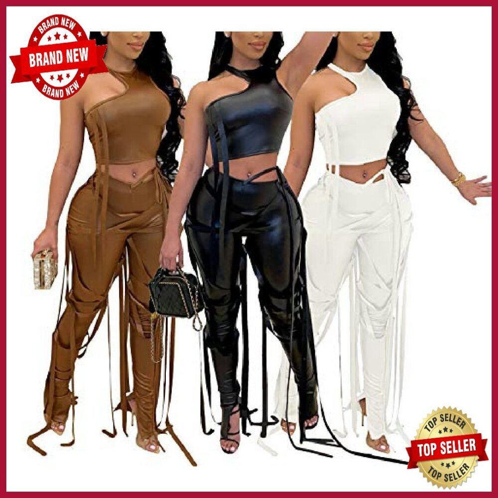 Sexy 2 Piece Bodycon Set, Polyester Spandex, Sleeveless Crop Top & Split Pants - Picture 3 of 5